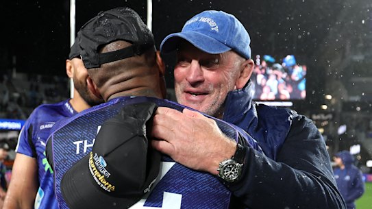 Vern Cotter celebrates winning the Super Rugby Pacific title with the Blues.