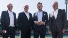 Cricket Australia CEO Nick Hockley, Seven’s director of sport Lewis Martin, Adam Gilchrist and Foxtel boss Patrick Delany at the SCG announcing a new $1.5 billion broadcast rights deal.