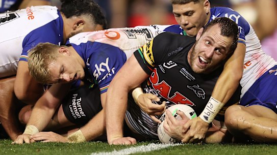 Penrith co-captain Isaah Yeo scores in a Friday 6pm match against the Warriors.