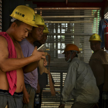 Chinese workers on the Blue Bay casino and apartment project in Sihanoukville. 