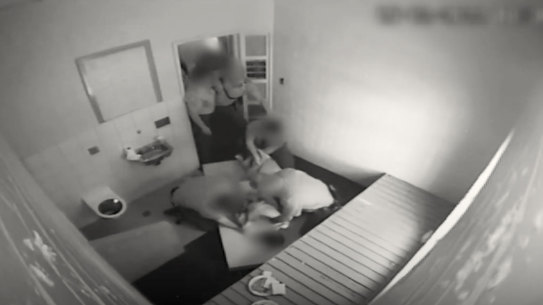 Vision from inside Banksia Hill Detention Centre where officers use a technique known as ‘folding up’ to restrain a detainee shocked viewers.