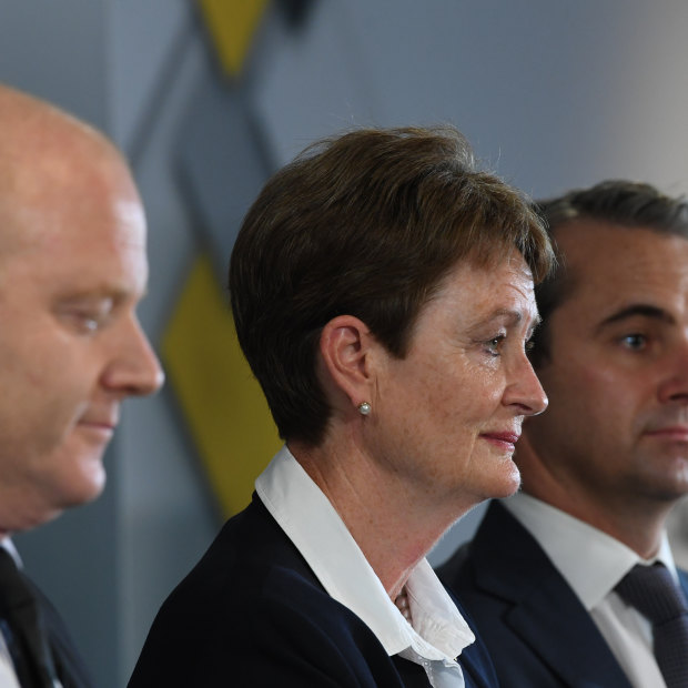 Then-CBA CEO Ian Narev, chairman Catherine Livingstone and Matt Comyn in April, 2018. 