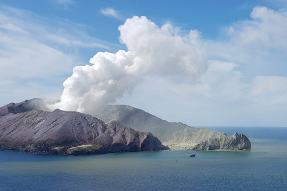 White Island erupts on Monday, as viewed by crew on board the Auckland Rescue Helicopter.