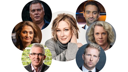 The great contenders: Leigh Sales, centre, with (clockwise from top left) Stan Grant, Waleed Aly, Laura Tingle, Hamish Macdonald, David Speers and Patricia Karvelas. 