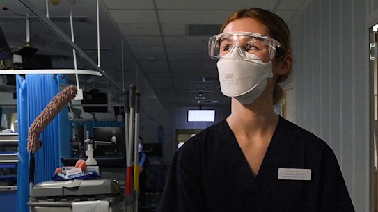 Welsh nurse Ariana Evans at work in St Vincent’s hospital ICU ward.