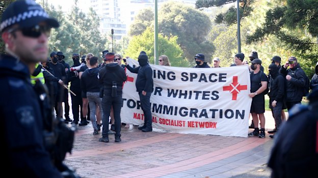 A banner held by members of the National Socialist Network last Saturday in the CBD.