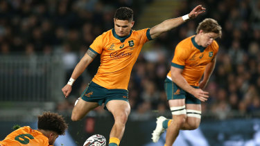 Noah Lolesio takes a kick during Australiaâ€™s first Bledisloe Cup Test against New Zealand in August. 