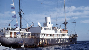 Radio Caroline's pirate radio ship, MV Caroline, anchored six kilometres off Ramsey Harbour, Isle of Man, in 1967.