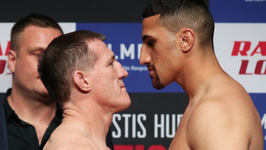 Paul Gallen and Justis Huni at Tuesday’s weigh-in.