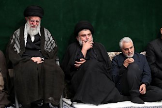 From left: Supreme Leader Ayatollah Ali Khamenei, Iraqi Shiite cleric Muqtada al-Sadr and Qasem Soleimani, the now deceased commander of Iran's Quds Force, attend a mourning ceremony in September 2019.