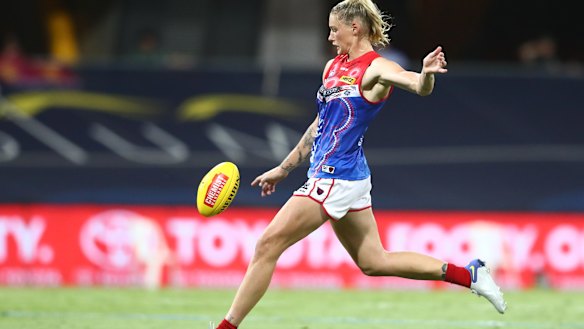 Melbourne’s Tayla Harris was a star for her team in their nail-biting win over the Lions.