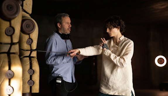 Director Dennis Villeneuve and Timothee Chalamet on the set of Dune. 