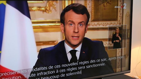 French President Emmanuel Macron speaks during a television address in Ciboure, France. 