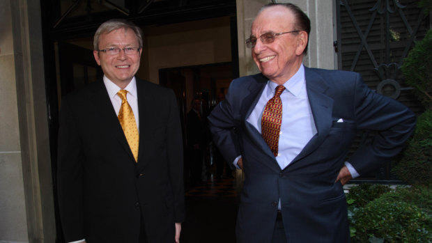 Prime Minister Kevin Rudd meets Rupert Murdoch in New York in 2008.