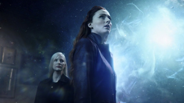 Sophie Turner, right, and Jessica Chastain in a scene from Dark Phoenix.