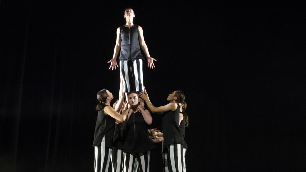 Members of the ensemble performing  Me/Us at the Canberra Playhouse Theatre. 