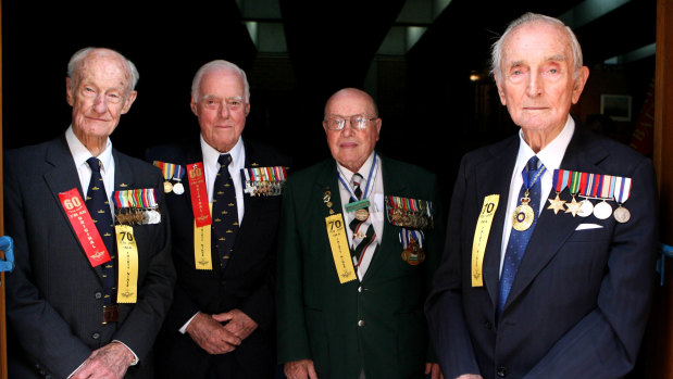 Left to right: Ken Sutherland, Ray Williams, Alf Carpenter and Sir John Carrick at a memorial ceremony in 2008.