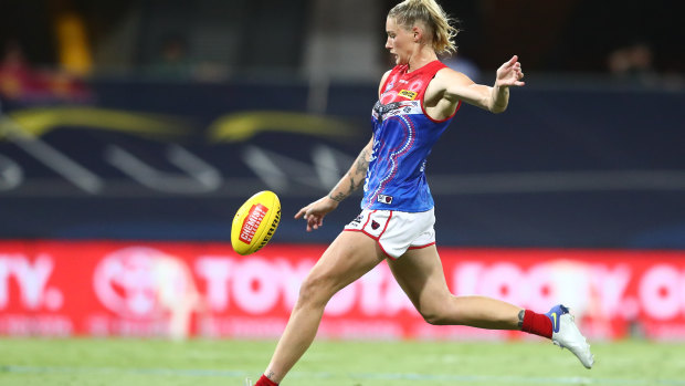 Melbourne’s Tayla Harris was a star for her team in their nail-biting win over the Lions.