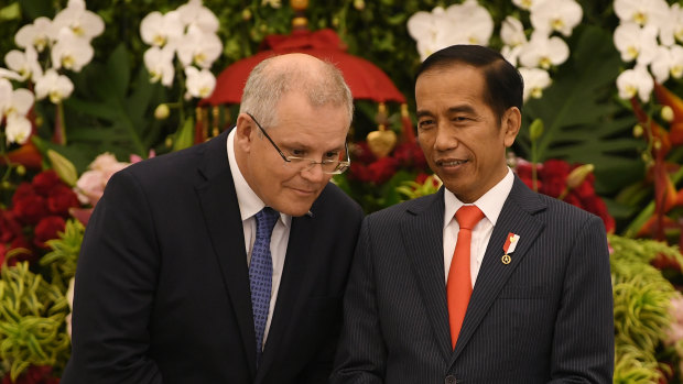 Prime Minister Scott Morrison pictured with Indonesian President Joko Widodo in Jakarta on  Friday.