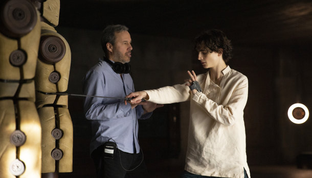 Director Dennis Villeneuve and Timothee Chalamet on the set of Dune. 