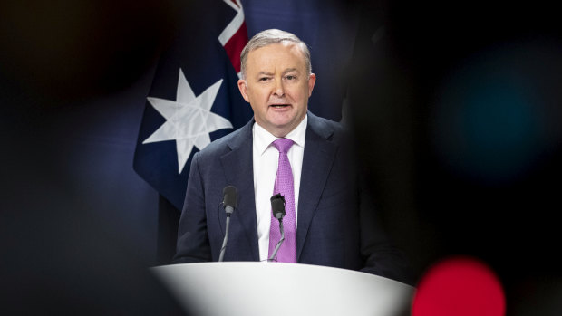 Anthony Albanese holds a press conference to announce his leadership of the Labor Party on Monday.