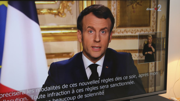 French President Emmanuel Macron speaks during a television address in Ciboure, France. 