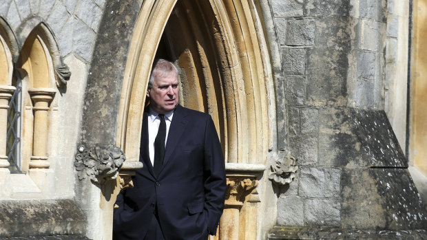 Prince Andrew emerges from the Royal Chapel of All Saints in Windsor in April.