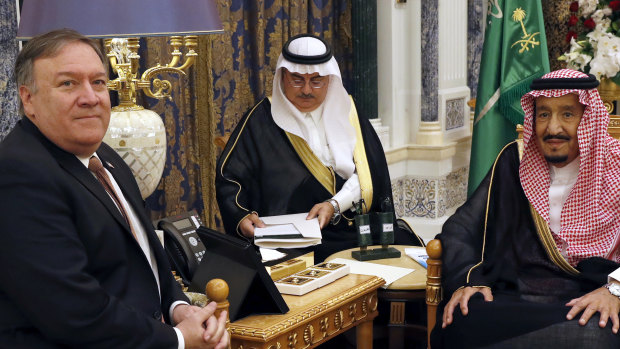US Secretary of State Mike Pompeo, left, meets with Saudi Arabia's King Salman in Riyadh, Saudi Arabia. 