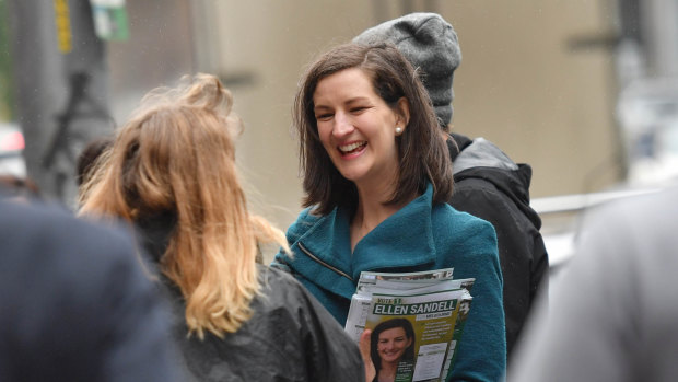 Greens candidate Ellen Sandell at pre-polling and casting her vote.