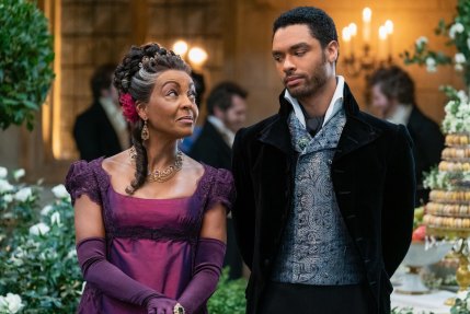 Adjoa Andoh as Lady Danbury and Rege-Jean Page as Simon Basset in Netflix's Bridgerton.