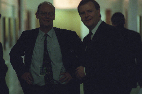 Tim Costello with brother Peter –  then federal treasurer – in 1999. “One of my university friends remembers ‘when Peter Costello was more left wing and Tim Costello was right wing’.”