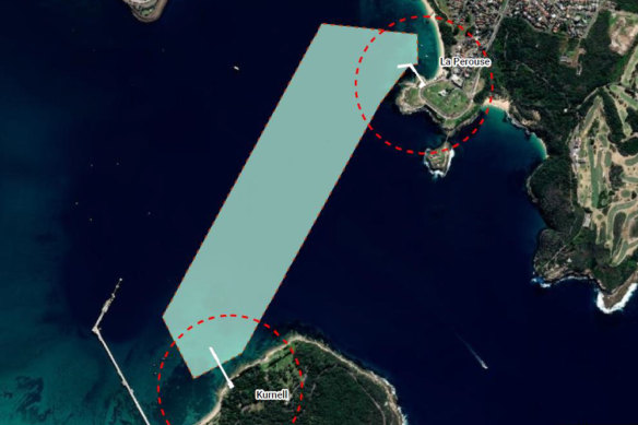 Map of area for proposed ferry path from La Perouse to Kurnell