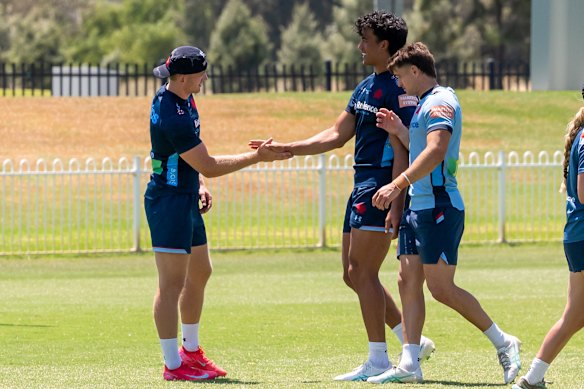 Max Jorgensen with Joseph-Aukuso Suaalii at Waratahs training in Mudgee.
