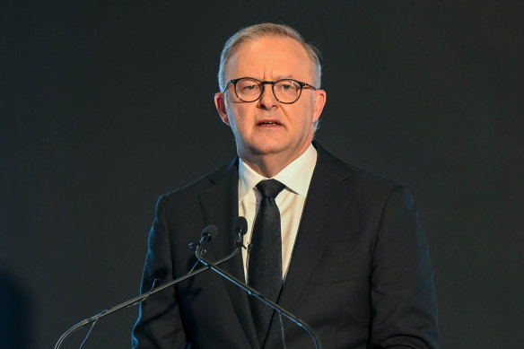 Prime Minister Anthony Albanese speaking at the memorial.