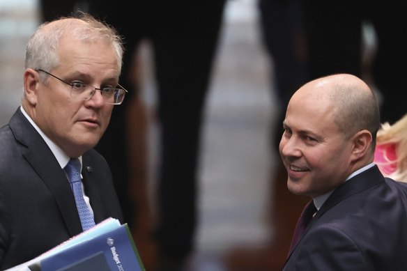 Prime Minister Scott Morrison and Treasurer Josh Frydenberg during Question Time at Parliament House in Canberra. 