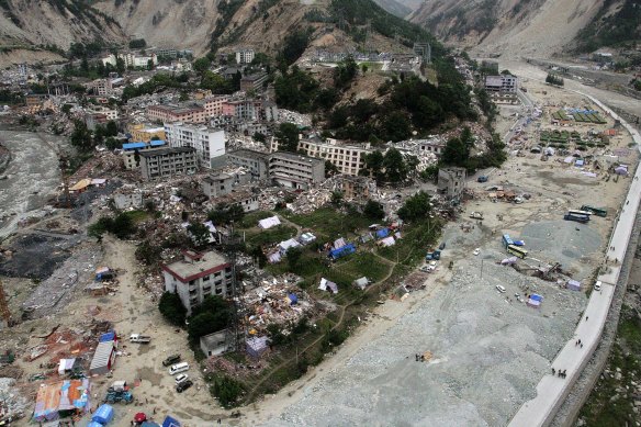 An aerial view shows the collapsed buildings at Yingxiu town of Wenchuan County, the epicenter of the earthquake, Sichuan province, May 18, 2008. 