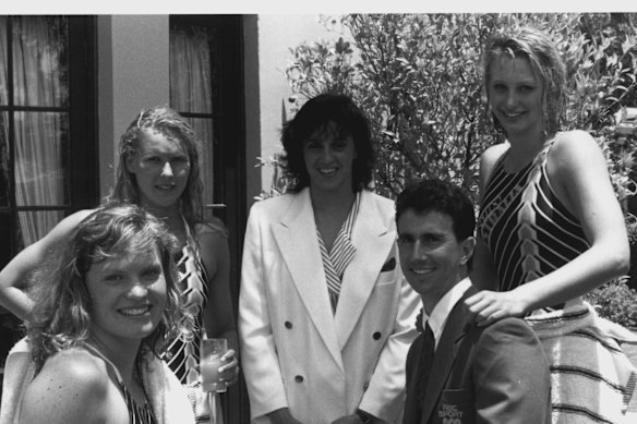 Young Johanna Griggs (right) with (left to right) Julie McDonald, Susie O'Neill, Nicole Livingston and Duncan Armstrong at the 6th FINA World Swimming Championships in 1991. 