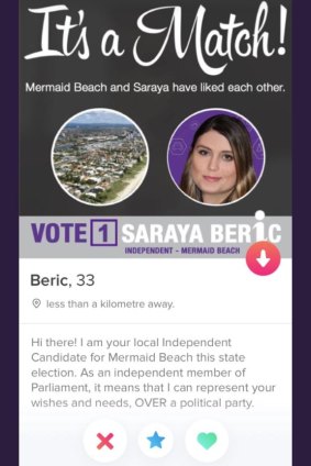 Mermaid Waters candidate Saraya Beric is reaching out to voters on dating app Tinder.