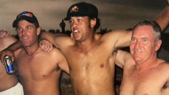 Shane Warne, Andrew Symonds celebrate Australia’s 2004 Test win on the ramparts of the Galle fort.