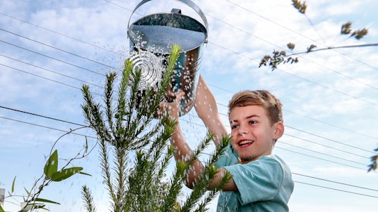 Kellie Parkin and her son Bodhi Houlihan (11 years old) saving water by using a watering can on their rain garden.