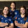 The number of girls taking up soccer is soaring, including at Diamond Valley United Soccer Club. From left:  Suné Du Plessis, Makayla O’Shea, Olive Mary Wilson, Laura Bertazzon, Lydia Maye Natoli, Charlise O’Shea, Elise Whitney, Jasmine Peters, Macey Davies and Lucy Buckley.