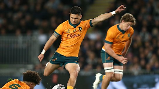 Noah Lolesio takes a kick during Saturday’s 33-25 loss to the All Blacks. 