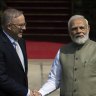 Prime Minister Anthony Albanese and Indian counterpart Narendra Modi in March. The Indian leader arrived in Australia on Monday.