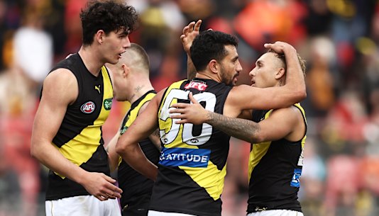 Marlion Pickett celebrates his last-gasp match-winning goal against the Giants.