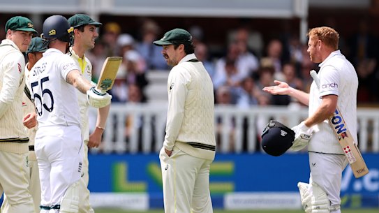 Jonny Bairstow remonstrates with Australia after he was stumped.