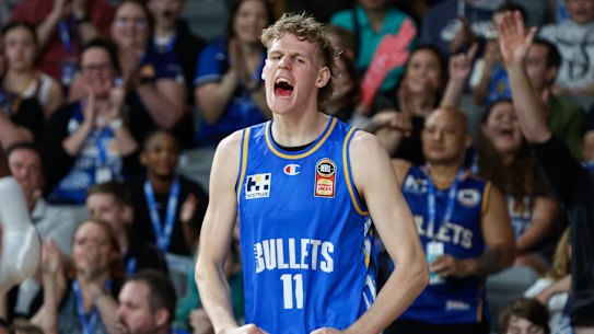 Rocco Zikarsky celebrates with the Bullets.