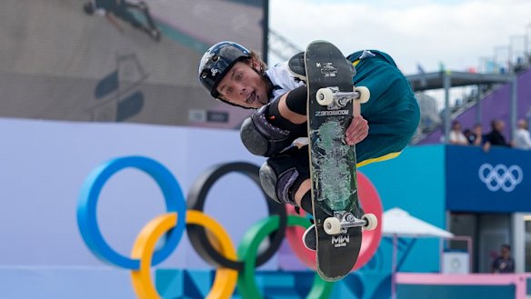 Australia’s Keegan Palmer on his way to gold in the men’s skateboarding park finals in Paris.
