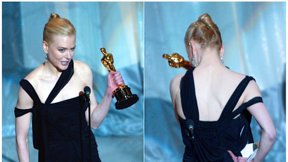 An emotional Nicole Kidman accepting the award for best actress for her role in The Hours.