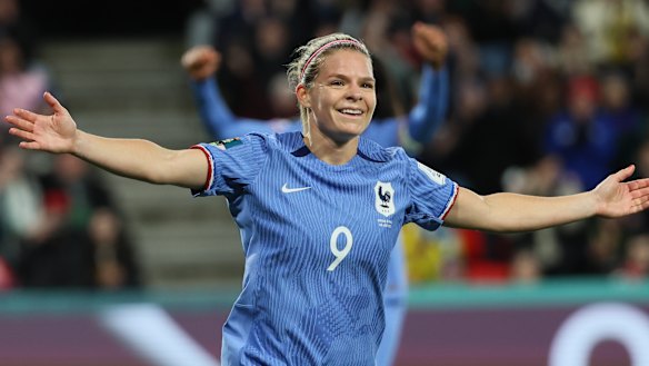 Eugenie Le Sommer celebrates her second goal.