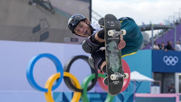 Australia’s Keegan Palmer on his way to gold in the men’s skateboarding park finals in Paris.